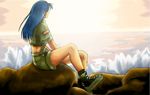  artist_request beach blue_hair leona_heidern long_hair looking_away rock short_shorts shorts sitting sleeves_rolled_up snk solo the_king_of_fighters 