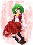  ascot bad_id bad_pixiv_id breasts green_hair impossible_clothes impossible_shirt impossible_vest kazami_yuuka medium_breasts pilky plaid plaid_skirt plaid_vest shirt short_hair skirt skirt_set smile solo touhou vest 