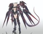  1girl armor armored_boots artoria_pendragon_(all) artoria_pendragon_(lancer_alter) black_armor blonde_hair boots breasts closed_mouth crown dark_persona fate/grand_order fate_(series) gauntlets gradient gradient_background hair_between_eyes hand_on_hip high_heels highres large_breasts looking_at_viewer mechanical_parts mechanical_tail mechanical_wings navel pale_skin simple_background sohn_woohyoung solo spikes standing tail underboob wings yellow_eyes 