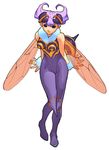  antennae bare_shoulders bee_girl bengus breasts extra_eyes fur insect_girl medium_breasts monster_girl no_pupils official_art pantyhose purple_eyes purple_hair purple_legwear q-bee short_hair solo vampire_(game) white_background wings 