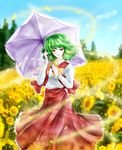  ascot blue_sky blurry buttons cloud day depth_of_field flower garden_of_the_sun green_hair highres horizon kazami_yuuka leaf light_particles lips long_sleeves looking_at_viewer parasol parted_lips petals plaid plaid_skirt plaid_vest red_eyes short_hair skirt sky solo sunflower touhou tree tsukiori_sasa umbrella vest wind 