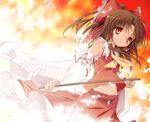  ascot bad_id bad_pixiv_id bow brown_hair detached_sleeves gohei hair_bow hair_tubes hakurei_reimu itsutsuki long_hair midriff navel orange_eyes sarashi skirt solo touhou 