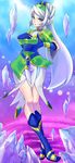  avril_vent_fleur belt blue_background blue_eyes blue_footwear boots crossed_legs dress full_body gloves gradient gradient_background green_hairband hairband headdress highres ice knee_boots long_hair nyantiu purple_background solo standing white_hair wild_arms wild_arms_5 