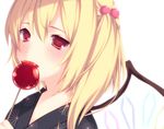 bad_id bad_pixiv_id blonde_hair blush candy_apple flandre_scarlet food hair_bobbles hair_ornament holding kabata_(mechisan) no_hat no_headwear red_eyes side_ponytail solo touhou upper_body wings 