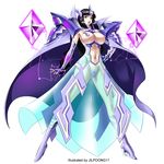  1girl archmage black_hair breasts cape crystal fantasy_defense jilpoong17 large_breasts purple_eyes see-through thong transparent_clothes 