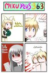  2girls 4koma blonde_hair blue_eyes brother_and_sister card catstudioinc_(punepuni) comic detached_sleeves food fruit hair_ornament hair_ribbon hairclip highres kagamine_len kagamine_rin long_hair melon multiple_girls open_mouth playing_card rape_face red_eyes ribbon saw shirt short_hair shorts siblings silver_hair smile sukone_tei thai translated vocaloid when_you_see_it yandere 