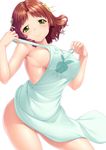  ano_natsu_de_matteru apron breasts brown_hair covered_nipples green_eyes hair_ribbon kirin_kakeru kitahara_mio large_breasts naked_apron ribbon short_hair simple_background smile solo white_background 