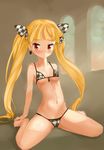  7th_dragon 7th_dragon_(series) berich_(7th_dragon) bikini blonde_hair checkered checkered_bikini flat_chest highres knight_(7th_dragon) long_hair pubic_hair red_eyes sitting swimsuit tonotani twintails wariza 