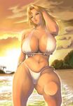  bad_anatomy bad_leg beach bikini blonde_hair blue_eyes breasts cleavage curvy dead_or_alive hand_in_hair highleg highleg_bikini highleg_swimsuit highres huge_breasts lips long_hair navel side-tie_bikini sideboob signal-green solo sunset swimsuit thick_thighs thighs tina_armstrong white_bikini wide_hips 