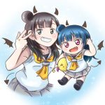  2girls :d black_eyes black_hair blue_background blue_hair chibi commentary_request demon_horns demon_tail demon_wings di_gi_charat fang gema grey_skirt grin highres horns kobayashi_aika long_hair looking_at_viewer love_live! love_live!_sunshine!! multiple_girls neckerchief open_mouth school_uniform seiyuu seiyuu_connection shirt side_bun skirt sleeveless sleeveless_shirt smile sparkle tail tsushima_yoshiko uranohoshi_school_uniform v-shaped_eyebrows w white_shirt wings yellow_neckwear yukiha_(hat731919) 