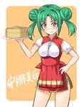  bamboo_steamer china_dress chinese_clothes double_bun dress green_hair long_hair masakichi_(crossroad) original solo tray twintails waitress yellow_eyes 