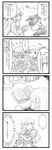  4koma apron bag berusuke_(beru_no_su) book bookmark bow bowtie braid comic frills greyscale hair_bow handbag hat head_wings highres kirisame_marisa koakuma lamp long_hair long_sleeves monochrome multiple_girls open_mouth patchouli_knowledge puffy_sleeves short_sleeves side_braid single_braid sweatdrop touhou translated vest wings witch_hat 