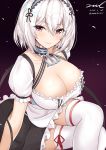  1girl apron azur_lane bangs bare_arms black_background black_choker black_dress blush breasts choker cleavage closed_mouth dated dress eyebrows_visible_through_hair frilled_choker frilled_dress frills gradient gradient_background hair_between_eyes knee_up large_breasts legs_crossed looking_at_viewer maid_apron maid_headdress red_eyes short_hair short_sleeves signature sirius_(azur_lane) sitting solo thighhighs twitter_username unel white_apron white_hair white_legwear 