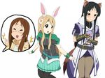  akiyama_mio animal_ears black_eyes black_hair blush brioche_d'arquien brioche_d'arquien_(cosplay) cosplay crossover dog_days glasses hikasa_youko hime_cut k-on! kotobuki_minako kotobuki_tsumugi long_hair multiple_girls pantyhose seiyuu_connection uguisu_(happy_turn) vert_farbreton vert_farbreton_(cosplay) yamanaka_sawako 