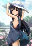  alternate_hairstyle black_hair blush bow brown_eyes cloud day flower hair_down hands_on_headwear hat highres k-on! light_rays light_smile long_hair looking_at_viewer looking_back nakano_azusa naked_overalls outdoors overalls pink_flower pink_rose rose ryunnu sky solo sun_hat sunbeam sunlight wind 