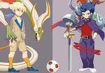  armor ball blue_hair brown_eyes dragon hakuryuu_(inazuma_eleven) inazuma_eleven_(series) inazuma_eleven_go kensei_lancelot keshin_(inazuma_eleven) knight long_hair male_focus multiple_boys seijuu_shining_dragon smile soccer_ball sword telstar tsurugi_kyousuke weapon white_hair yuuki_(irodo_rhythm) 