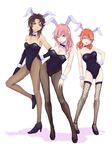  3girls animal_ears black_hair breasts bunny_ears bunny_girl bunnysuit elbow_gloves final_fantasy final_fantasy_xiii gloves high_heels lightning_farron looking_at_viewer multiple_girls oerba_dia_vanille oerba_yun_fang pantyhose patterned_legwear pink_hair red_hair shoes thigh_gap thighhighs thighs zzwei 