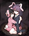  animal_ears bad_id bad_pixiv_id black_hair black_legwear blazer brooch bunny_ears bunny_tail collar dikko full_body hair_between_eyes highres hug inaba_tewi jacket jewelry kneehighs looking_at_viewer multiple_girls open_mouth purple_hair red_eyes reisen_udongein_inaba short_hair sitting skirt socks tail thighs touhou wariza wavy_mouth 