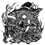  acryl bow braid frills greyscale hat hat_bow kirisame_marisa long_hair monochrome solo touhou witch_hat 