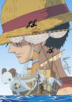  1boy broken damage damaged enies_lobby going_merry hat highres jolly_roger male male_focus monkey_d_luffy ocean one_piece outdoors pirate pirate_flag scar ship solo straw_hat water 