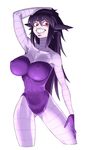  bad_id bad_pixiv_id black_hair breasts cleavage covered_nipples crazy_eyes cropped_legs gen_1_pokemon gengar grin highres large_breasts leotard long_hair no_bra personification pokemon purple_leotard red_eyes skin_tight smile solo space_jin spiked_hair 