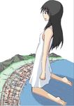  black_eyes black_hair coast dress giantess kneeling long_hair mountain ocean sea smile sundress terada_ochiko town 