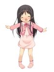  :d absurdres anyannko black_hair blush closed_eyes head_tilt highres long_hair nose_blush open_mouth original outstretched_arms pink_legwear smile socks solo spread_arms 