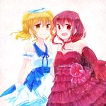  :d adapted_costume bare_shoulders blonde_hair choker dress elbow_gloves formal frilled_dress frills gloves hat kitashirakawa_chiyuri lowres mizuki_(flowerlanguage) multiple_girls nervous okazaki_yumemi open_mouth outstretched_hand red_dress red_eyes red_hair sailor_collar sailor_hat smile touhou touhou_(pc-98) twintails white_dress yellow_eyes 