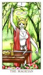  &infin; anthro bat blonde_hair blue_eyes breasts card cleavage clothed clothing cup destiny_savage female feralise flower fur hair looking_at_viewer major_arcana mammal melee_weapon pentacle plant robe solo staff sword table tarot_card the_magician_(tarot) tree wand weapon white_fur 