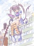  1boy 1man building car city demon_tail devil giantess kemo motor_vehicle pointy_ears roof scythe sitting sitting_on_rooftop smile socks striped striped_legwear striped_socks tail talking translation_request twintails vehicle winged_shoes 
