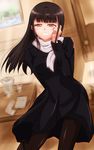  black_hair dress long_hair monizumi_ishikawa pantyhose sakamoto_mio scarf solo strike_witches world_witches_series 