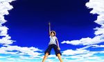  1boy black_hair blue_sky cloud clouds hat male male_focus monkey_d_luffy one_piece outdoors shirt shorts sky smile solo standing straw_hat t-shirt 