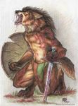  armor battle blood bluari canine fantasy mammal medieval shield solo sword topless warrior weapon were werewolf wolf 