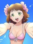  amami_haruka bikini_top blurry bow breasts brown_hair cleavage depth_of_field green_eyes hair_bow idolmaster idolmaster_xenoglossia incoming_hug looking_at_viewer medium_breasts open_mouth short_hair smile solo swimsuit ueyama_michirou 