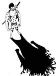  1boy barefoot clenched_hand fist frown full_body male male_focus monkey_d_luffy monochrome muscle one_piece open_clothes open_vest shadow shorts silhouette solo standing sword thriller_bark vest weapon 