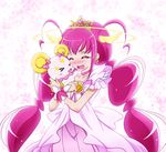  antenna_hair blush bow candy_(smile_precure!) choker closed_eyes creature cure_happy dress halo head_wings hoshizora_miyuki hug kuon_(nokokopopo) long_hair magical_girl pink pink_bow pink_choker pink_dress pink_hair precure princess_form_(smile_precure!) smile smile_precure! tears tiara twintails white_background 