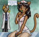  aramet aramet_(character) black_hair blonde_hair candy cat clothed clothing doctor duo feline female fio_(character) hair lollipop male mammal nurse one_eye_closed sitting standing unprofessional_behavior unprofessional_behaviour wink 