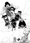  6+boys 6boys ame_no_shiryuu carry carrying cigar doc_q flying gun hat horse impel_down jesus_burgess laffitte male male_focus marshall_d_teach mask monochrome monster multiple_boys ocean one_piece outdoors sea_king sea_monster shiliew smoking uniform van_augur water weapon wings 