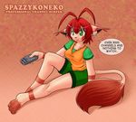  clothing feline female freelancemanga green_eyes hair koneko mammal nekonny reclining red_hair remote shorts solo 