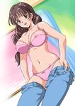  1girl bra breasts brown_hair e_rondon_boots female large_breasts long_hair navel nipples open_mouth panties pants pink_bra pink_panties red_eyes see-through solo standing underwear undressing 