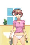  brown_hair cactus cup green_eyes mug navel no_pants original panties short_hair side_ponytail solo toothbrush underwear yuksi 