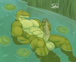  abs anthro balls bayou biceps big_balls big_penis blue_eyes claws crocodile erection fangs freckles_(artist) green_skin lilypads lying male masturbation muscles nude on_back pecs penis pond pose reptile scales scalie smile solo thick_penis toned vein veins water wet 