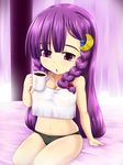  1girl amau_(artist) amau_(kosmos) black_panties blush bow braid breasts cleavage crescent_moon cup dress drink erect_nipples female hair_bow hat highres large_breasts long_hair looking_down moon mug navel open_mouth panties patchouli_knowledge payot purple_eyes purple_hair sidelocks sitting solo tank_top touhou twin_braids underwear very_long_hair 