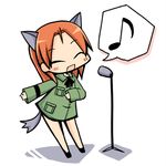  animal_ears brown_hair chibi dog_ears dog_tail fang long_hair lowres luu microphone minna-dietlinde_wilcke music musical_note singing solo strike_witches tail world_witches_series 