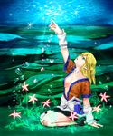  arm_up arm_warmers bad_id bad_pixiv_id blonde_hair breasts bubble cleavage flower green_eyes highres jewelry leaf looking_up medium_breasts mizuhashi_parsee necklace open_mouth petals pointy_ears rock short_hair sitting skirt solo touhou underwater wariza water yonaga_(masa07240) 