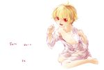  blonde_hair child child_gilgamesh fang fate/hollow_ataraxia fate/zero fate_(series) fe_(sakura) full_body gilgamesh highres male_focus naked_shirt open_mouth red_eyes shirt smile younger 