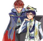  black_hair brown_hair cape chin_rest code_geass drawr green_eyes hat kururugi_suzaku lelouch_lamperouge male_focus multiple_boys purple_eyes 