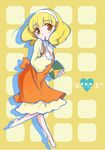  bangs barefoot blonde_hair blush bow copyright_name feet hairband heart kise_yayoi mokkeso_(mopurosu) notebook open_mouth orange_skirt pencil pencil_to_face precure shadow skirt smile_precure! solo white_hairband yellow yellow_background yellow_eyes 