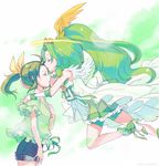  bare_shoulders bike_shorts bow bowtie brooch casual cherico closed_eyes cure_march dress dual_persona forehead_kiss green green_dress green_hair green_shirt green_shorts green_skirt hair_ribbon halo head_wings high_heels jewelry kiss long_hair magical_girl midorikawa_nao multiple_girls nanairogaoka_middle_school_uniform pleated_skirt ponytail precure princess_form_(smile_precure!) ribbon school_uniform shirt shoes short_hair shorts shorts_under_skirt skirt smile_precure! tiara yuri 