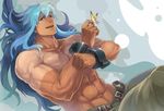  abs belt blue_background blue_eyes blue_hair cuffs handcuffs long_hair male_focus muscle navel nikumeron pants regal_bryan shirtless smile solo tales_of_(series) tales_of_symphonia tan tanline 